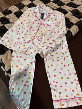 Abella White Satin Pajama Set with Pink & Orange Polka Dots